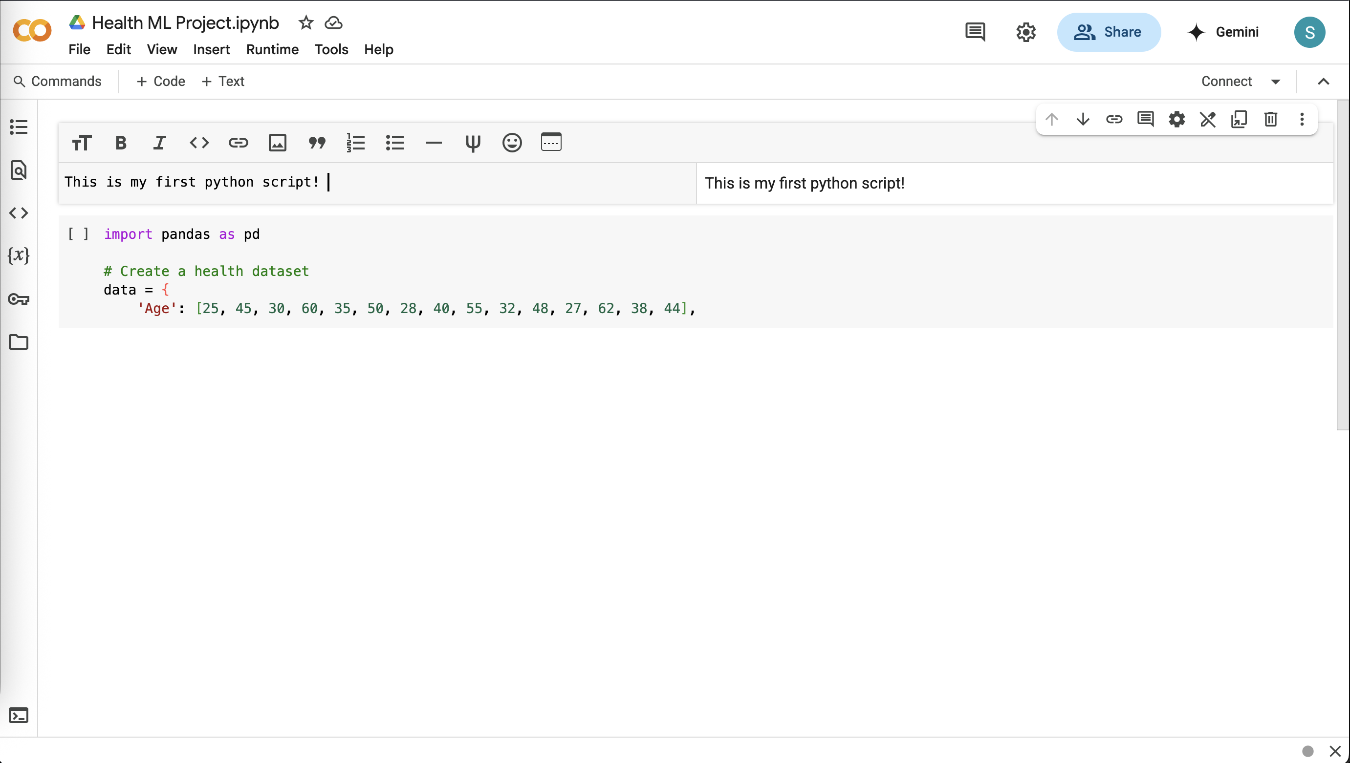 Google Colab interface showing code and text cells